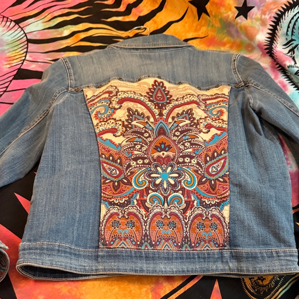 Chico's Blue Jean Jacket with Multicolor Paisley Design